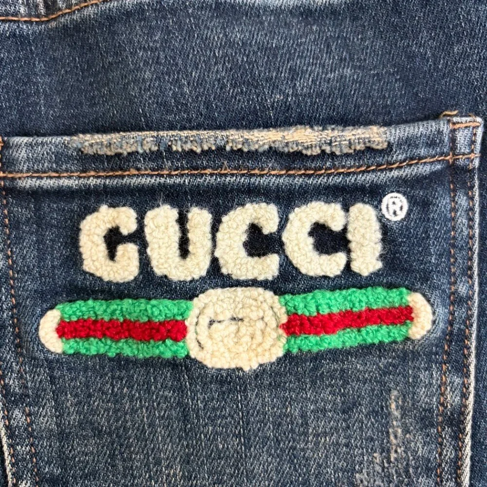 Bee Embroidered Jean Womens 27 x 27 Blue Tapered Stretch Denim Designer Inspired - Picture 5 of 12